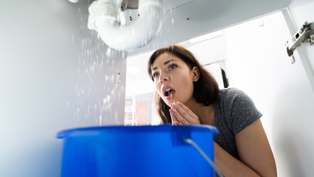 Woman Reacting To A Leaking Sink